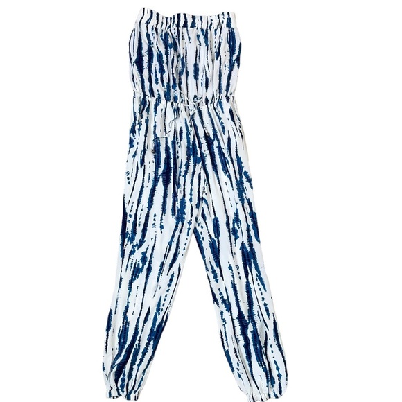 Solitaire Swim jumpsuit blue white tie dyed romper strapless elastic ankle SZ M - Picture 2 of 10
